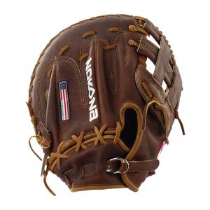 Front view of a brown Nokona first base mitt with white NOKONA text and an American flag patch.