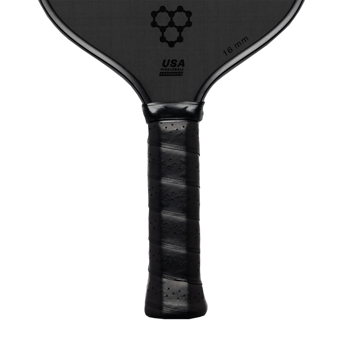 Top-down view of a black pickleball paddle with a textured surface, USA PICKLEBALL APPROVED text, and 16 mm marking.