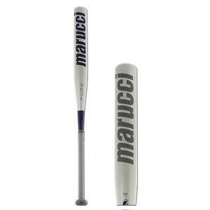 Side view of a white Marucci PURE fastpitch softball bat with navy accents and a silver grip.
