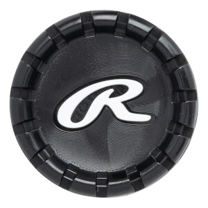 End cap view of a black baseball bat with a white Rawlings logo and textured rim.