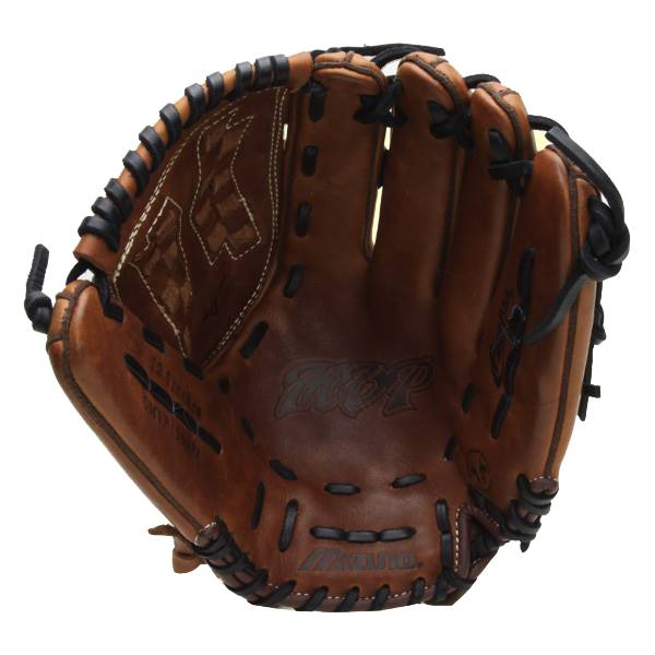 Interior view of a brown Mizuno MVP Fastpitch Series glove with black lacing and embossed MVP logo.