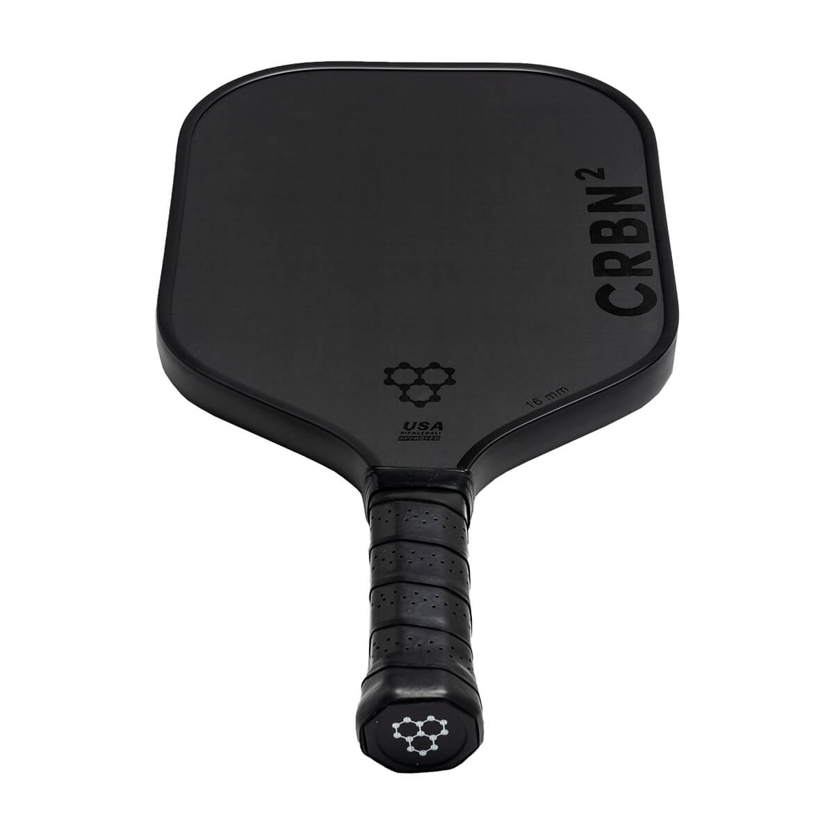 Top-down view of a black pickleball paddle with CRBN² branding and a honeycomb logo.