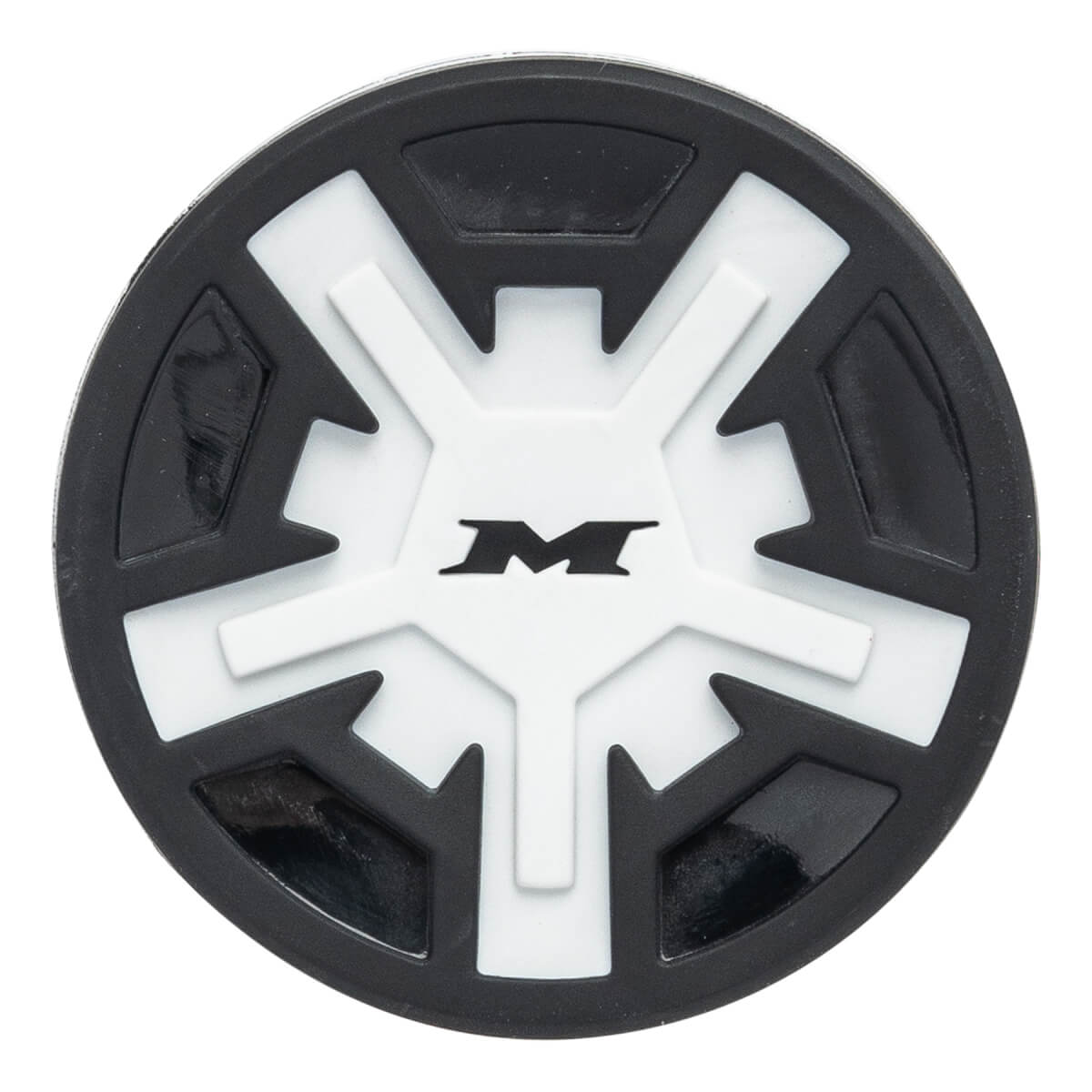 Top-down view of a black and white softball bat end cap with a central M logo and starburst design.