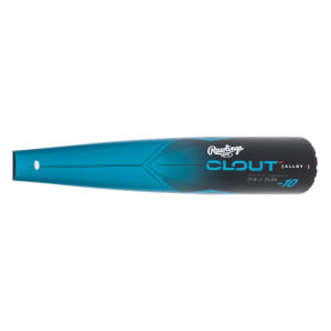 Top-down view of a blue and black baseball bat with Rawlings CLOUT and -10 branding.