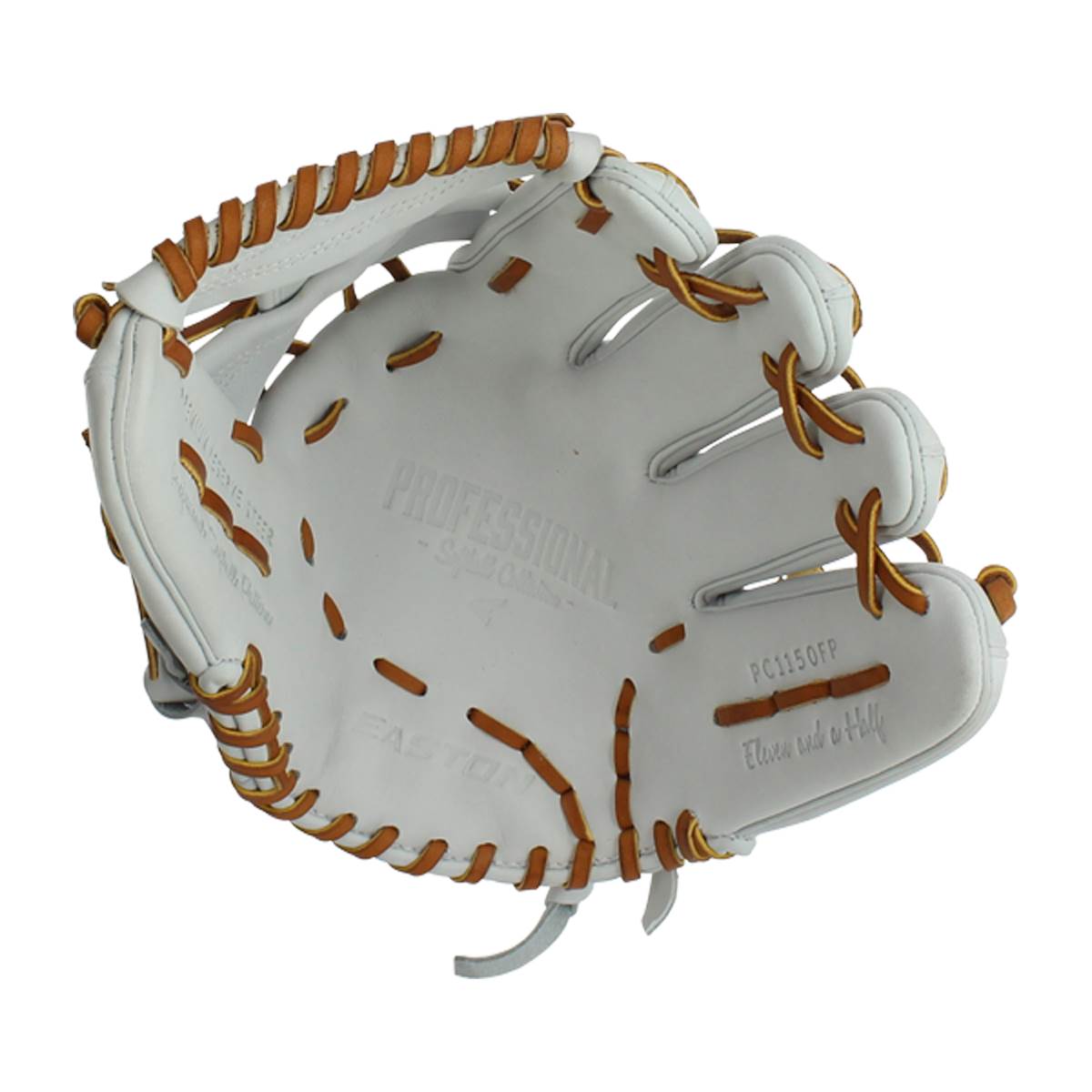 Top-down view of a white softball glove with tan lacing and PROFESSIONAL embossed on the palm.