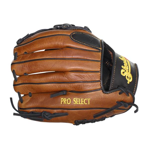 Front view of a brown baseball glove with black lacing and PRO SELECT text.