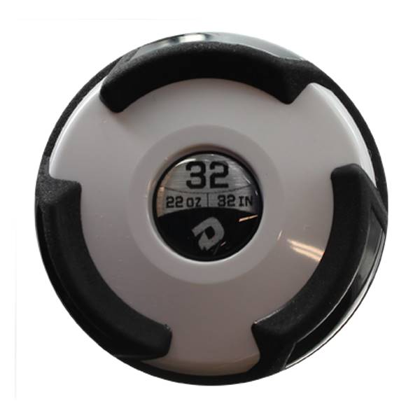 End view of a white softball bat with a black grip, showing 32 and 22 OZ 32 IN.