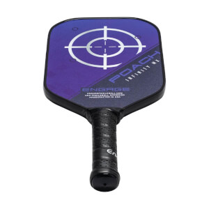 Top-down view of a purple and black pickleball paddle with a target design and POACH INFINITY MX text.