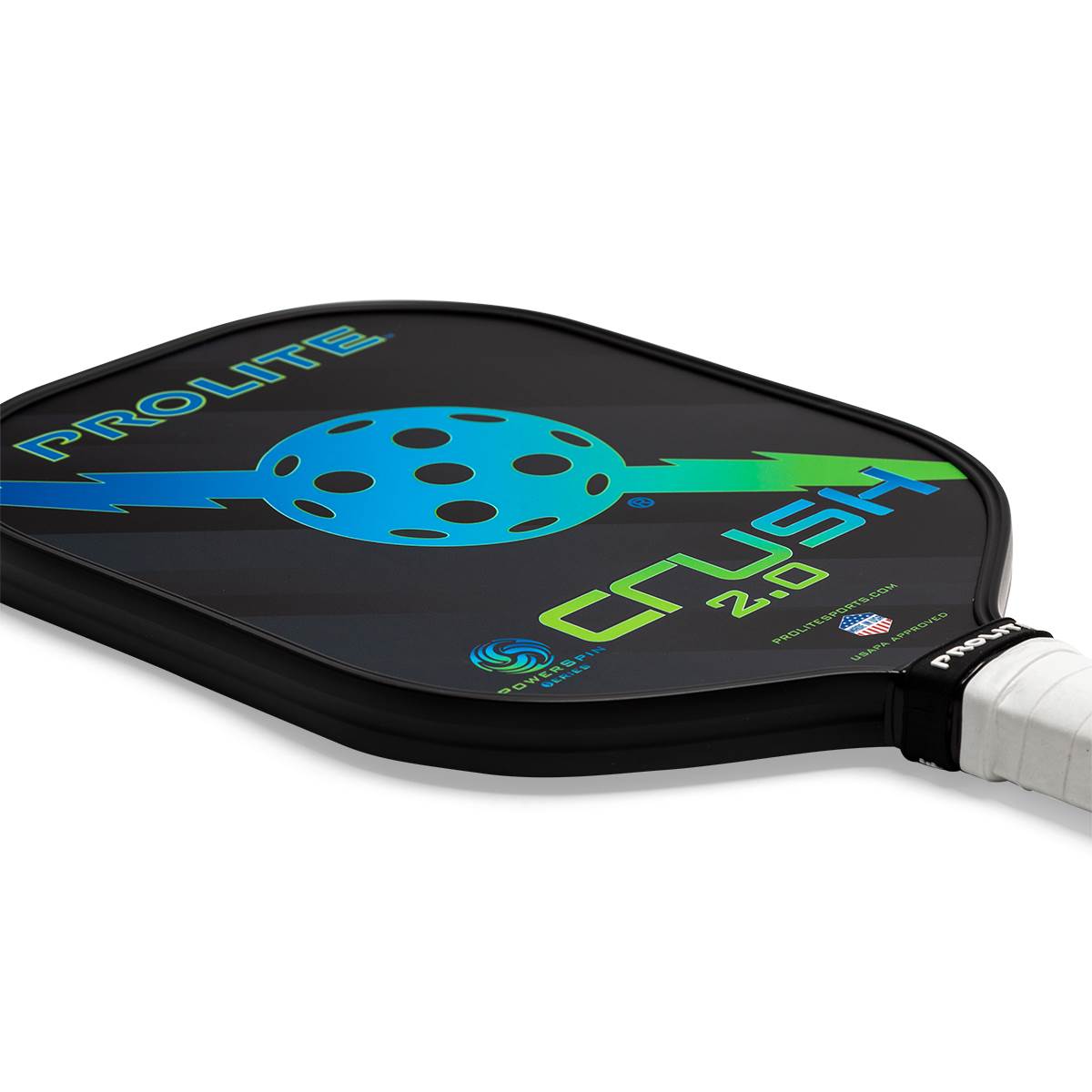 Top-down view of a black pickleball paddle with PROLITE CRUSH 2.0 text and a blue and green pickleball graphic.