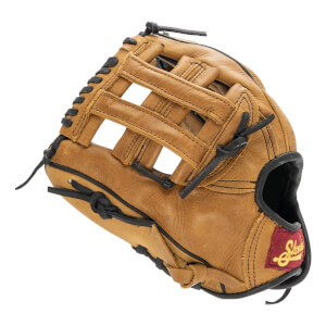 Angled view of a tan baseball glove with black lacing, H-web, and a red Shoeless Joe logo patch.