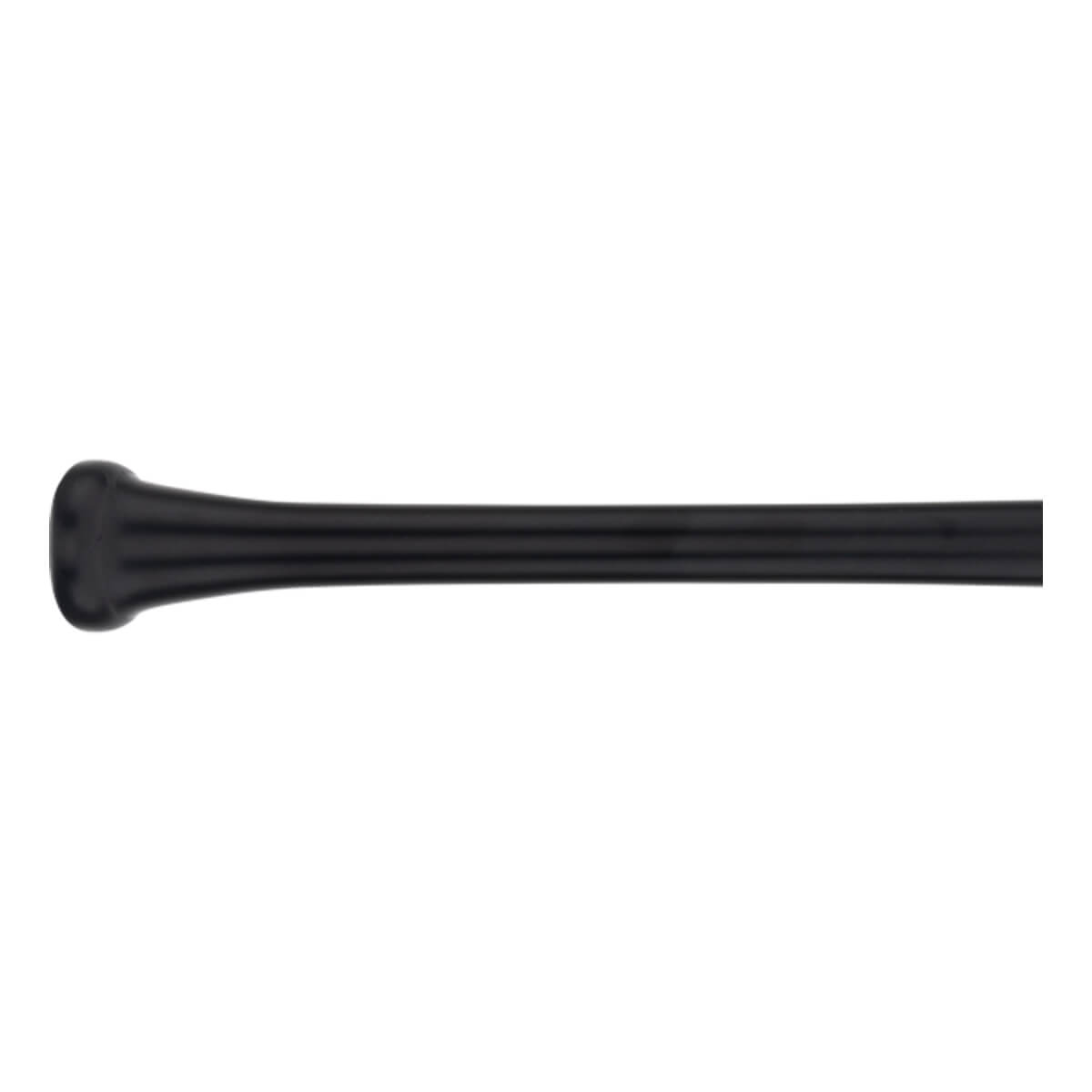 Partial side view of a black baseball bat with a prominent knob and tapering handle.