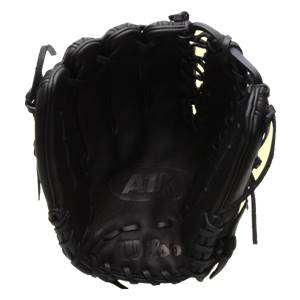 Top-down view of a black baseball glove with A1K and Wilson branding.