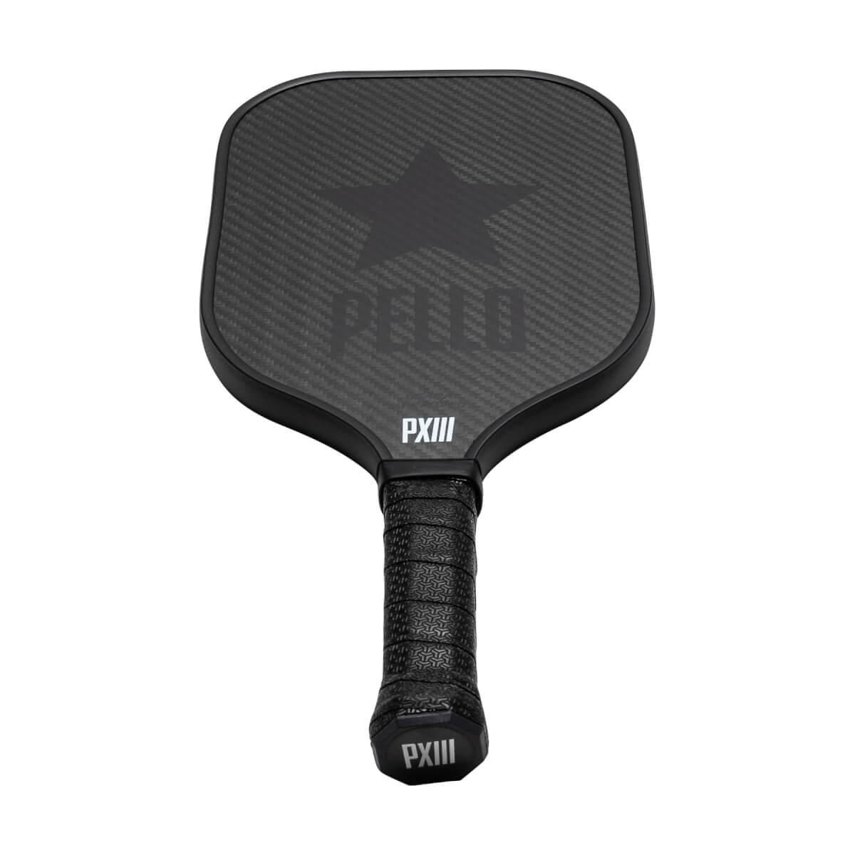 Front view of a black pickleball paddle with a carbon fiber surface, a star logo, and PELLO PXIII text.