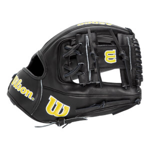 Back view of the black leather baseball glove featuring yellow and white embroidered Wilson and W logos, A2000 text on the finger, and an H-web with black lacing.