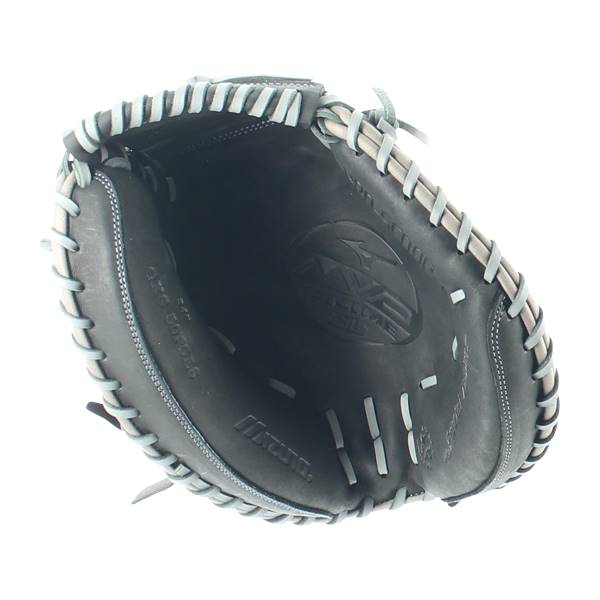 Top-down view of a black Mizuno catchers mitt with light gray lacing and embossed logo.