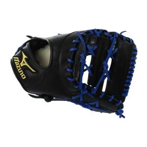 Side view of a black baseball glove with blue lacing and a gold Mizuno logo.
