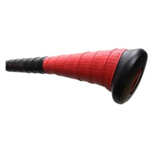 Side view of a black and red baseball bat with a perforated grip and black end cap.