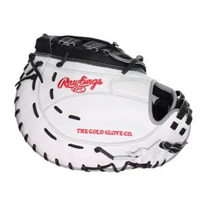 Front view of a white Rawlings first base mitt with black lacing and red embroidered branding.