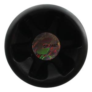 End view of a black softball bat with a circular sticker showing DP-3597 and PLAYERS FOR PLAY.