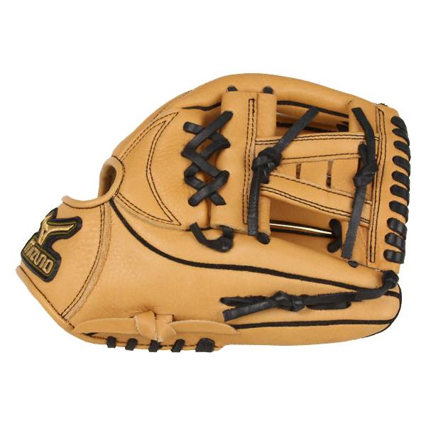 Side view of a tan baseball glove with black lacing and a Mizuno logo.