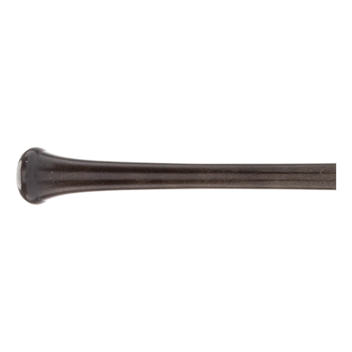 Side view of a dark brown baseball bat with a flared knob and a smooth barrel.