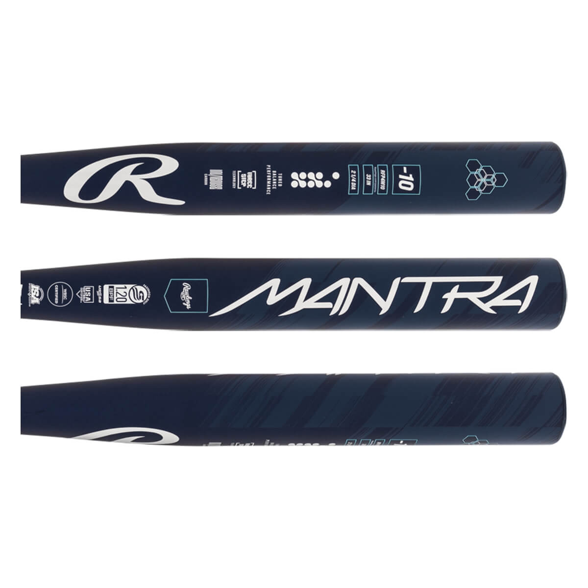 Detail view of a dark blue fastpitch softball bat with white Rawlings R logo, MANTRA text, and textured grip.