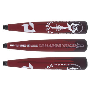 Side view of a maroon DeMarini Voodoo BBCOR baseball bat with white branding and graphics.
