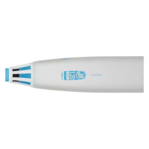 Close-up side view of a white fastpitch softball bat with a light blue vented end cap and BPF 1.20 stamp.