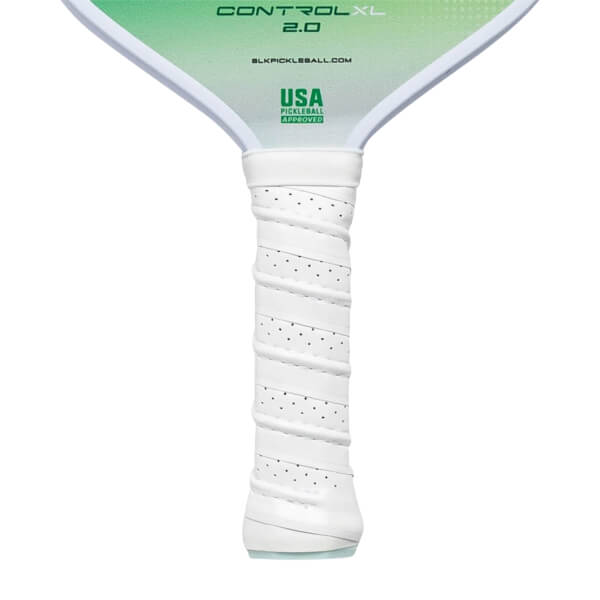 Top-down view of a white pickleball paddle with CONTROL XL 2.0 and USA PICKLEBALL APPROVED text.
