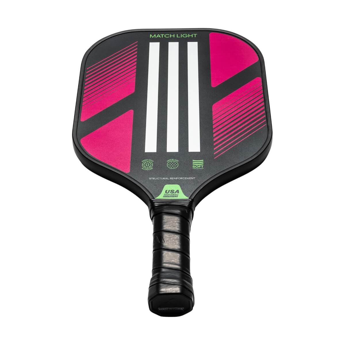 Front view of a black pickleball paddle with pink accents, white stripes, and MATCH LIGHT text.