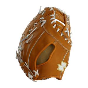 Side view of a tan baseball glove with white lacing and a yellow embroidered logo.