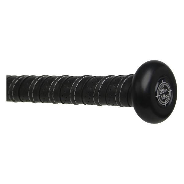 Close-up of the black grip on a youth baseball bat with 29in 19oz printed on the end cap.