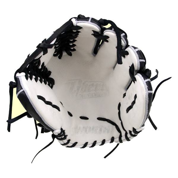 Top-down view of a white baseball glove with black lacing and a Worth logo.