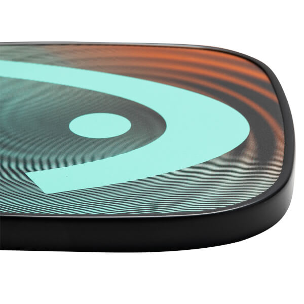 Corner view of a black pickleball paddle with a teal HEAD logo and orange swirl design.