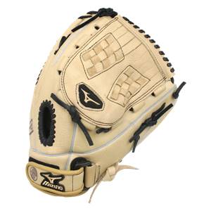 Front view of a tan Mizuno fastpitch mitt with black lacing and a checkered web detail.