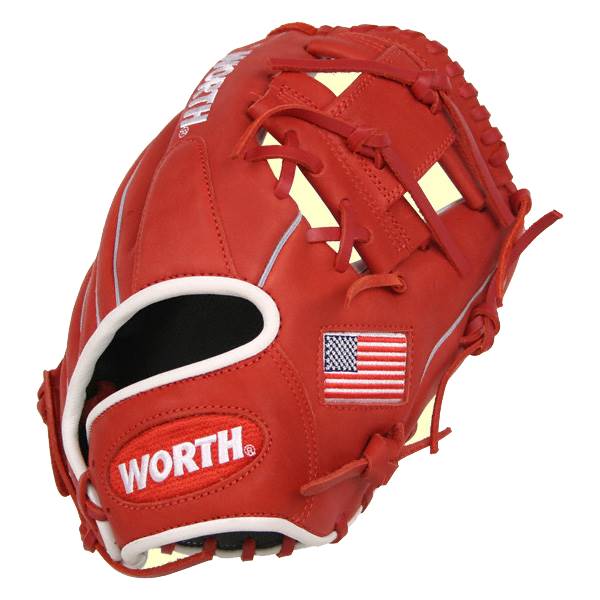 Front view of a red baseball glove with white trim, WORTH logo, and American flag patch.