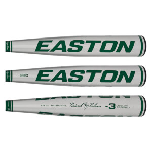 Top-down view of three silver Easton baseball bats with green lettering and Natural Pro Balance text.
