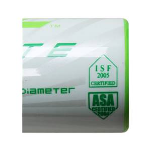 Close-up of a white softball bat with green text and certification logos.