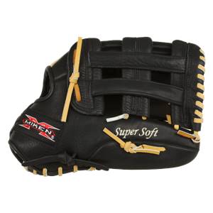 Side view of a black softball glove with tan lacing and Super Soft text.