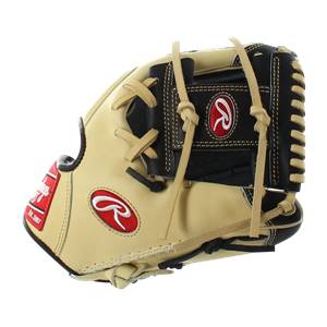 Side view of a tan baseball glove with black accents and red Rawlings logos.