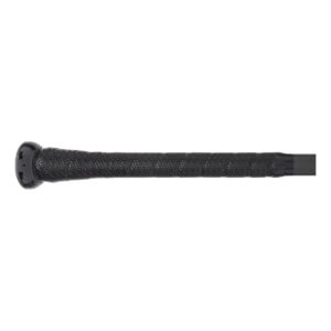 Side view of a black baseball bat with a textured grip and black end cap.
