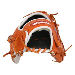 Top-down view of an orange baseball glove with white trim and WORTH logo.