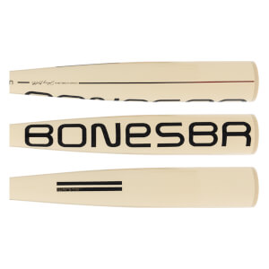 Detail view of a cream baseball bat with BONESBR text, WARSTIC logo, and black and red lines.
