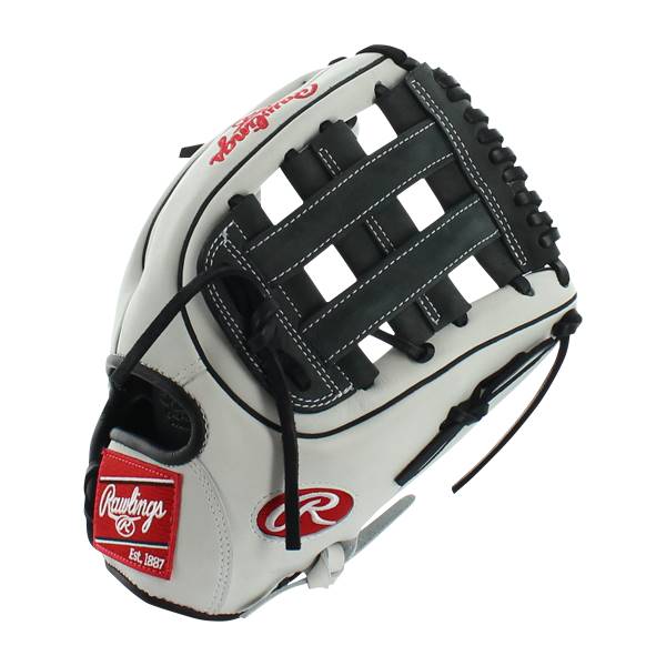 Side view of a white baseball glove with black lacing and a red Rawlings logo.