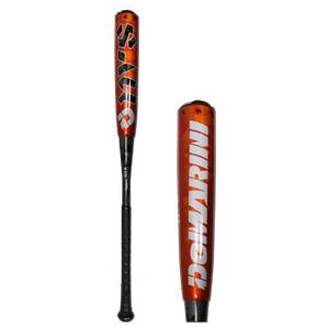 Side view of an orange baseball bat with DeMARINI text and a black grip.