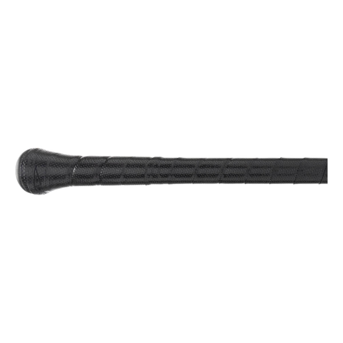 Close-up profile view shows the textured black grip tape and flared knob of the Axe Avenge Pro Flared Handle USSSA Baseball Bat.