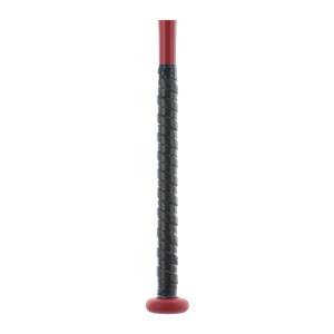 Close-up of a red fastpitch softball bat with a black spiral grip and red end cap.