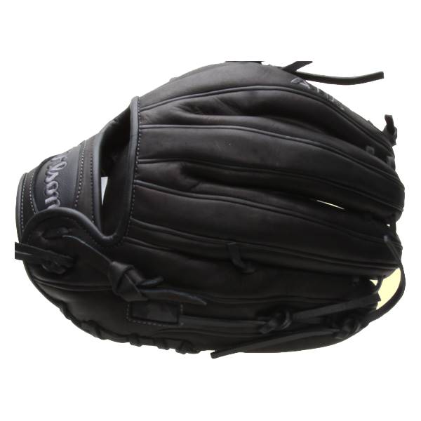 Side view of a black baseball glove with Wilson embossed on the wrist strap and detailed lacing.