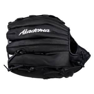 Front view of a black baseball glove with Akadema embroidered in white and visible lacing.