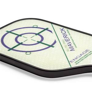 Corner view of a white Engage Elite Pro Maverick pickleball paddle with a target design and visible branding.